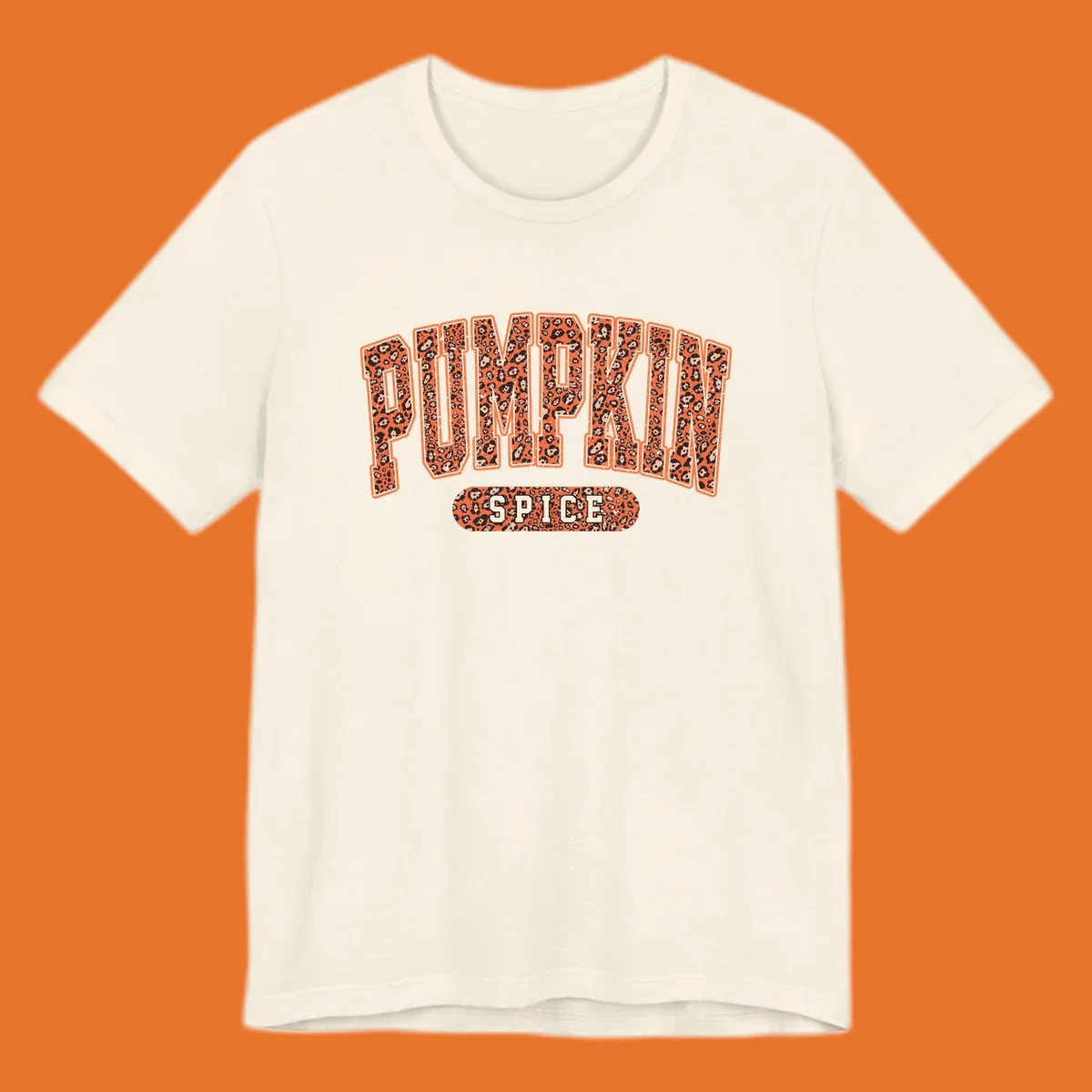 Pumpkin Spice text with leopard print pattern on dark outline, on black background.