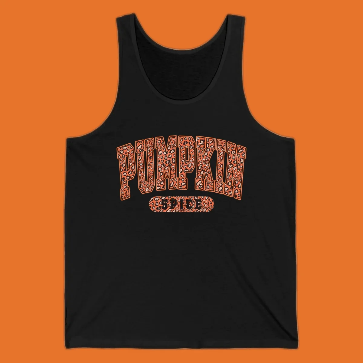 Pumpkin Spice text with leopard print pattern on dark outline, on black background.