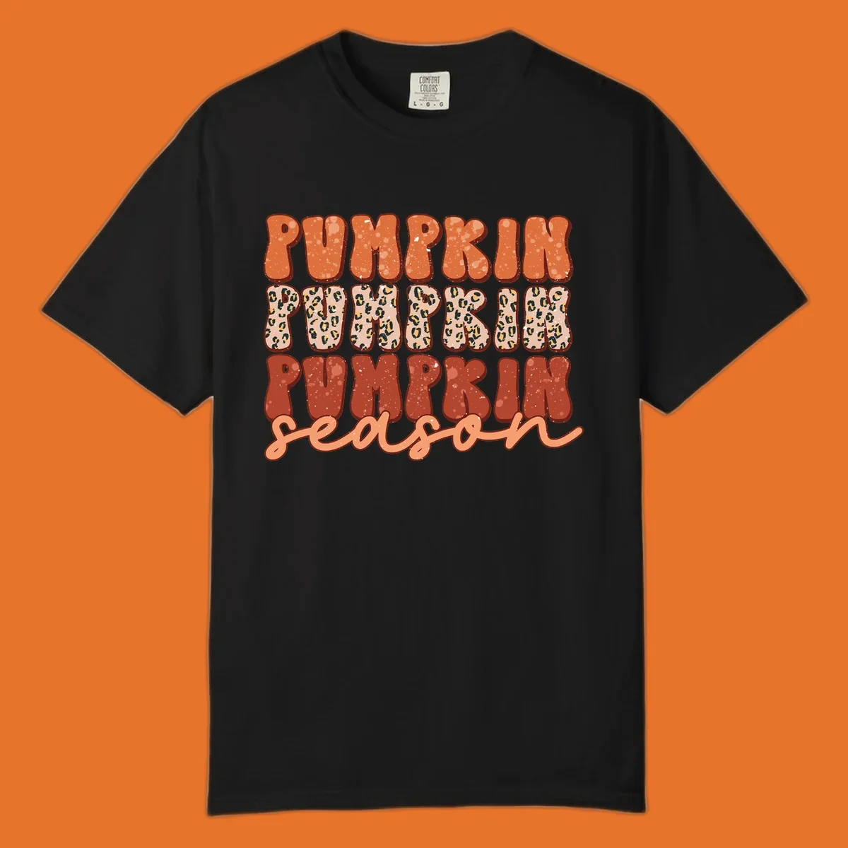 Groovy text design for pumpkin season featuring "PUMPKIN PUMPKIN PUMPKIN season" with leopard print and speckled textures.