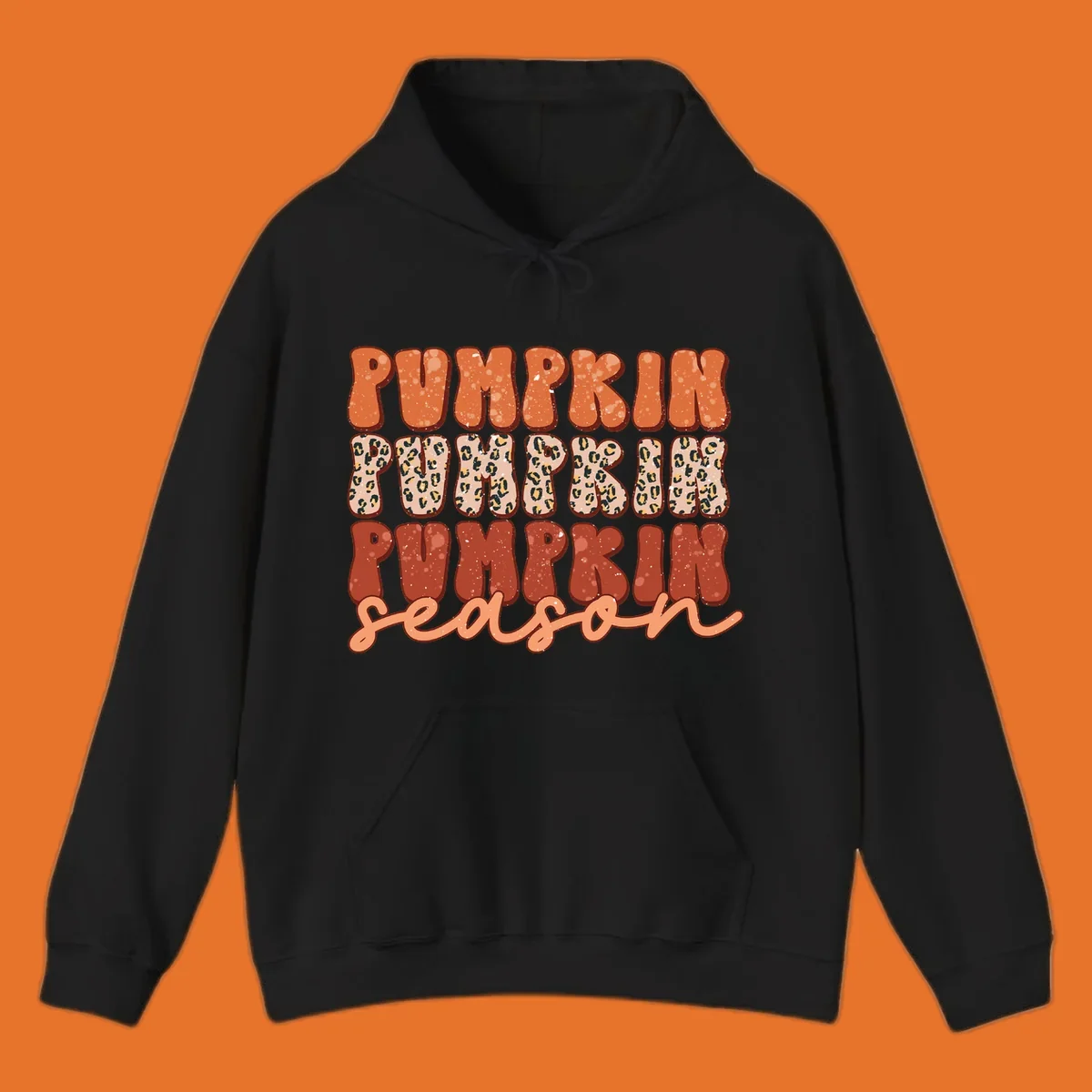 Groovy text design for pumpkin season featuring "PUMPKIN PUMPKIN PUMPKIN season" with leopard print and speckled textures.