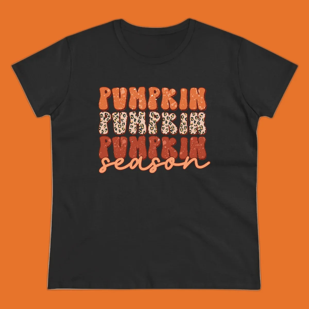 Groovy text design for pumpkin season featuring "PUMPKIN PUMPKIN PUMPKIN season" with leopard print and speckled textures.
