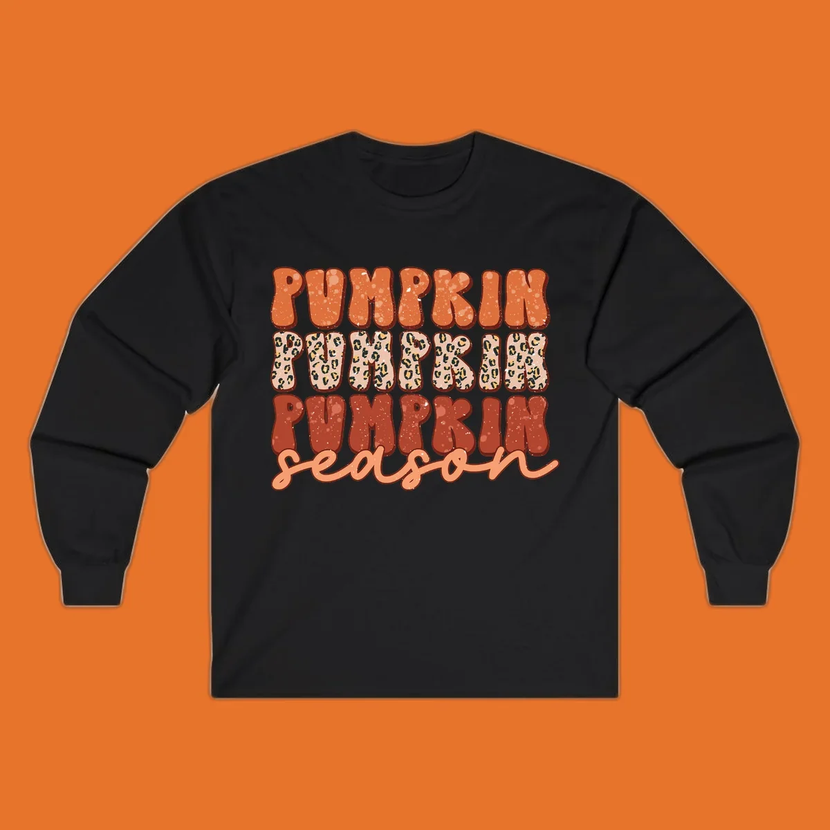 Groovy text design for pumpkin season featuring "PUMPKIN PUMPKIN PUMPKIN season" with leopard print and speckled textures.