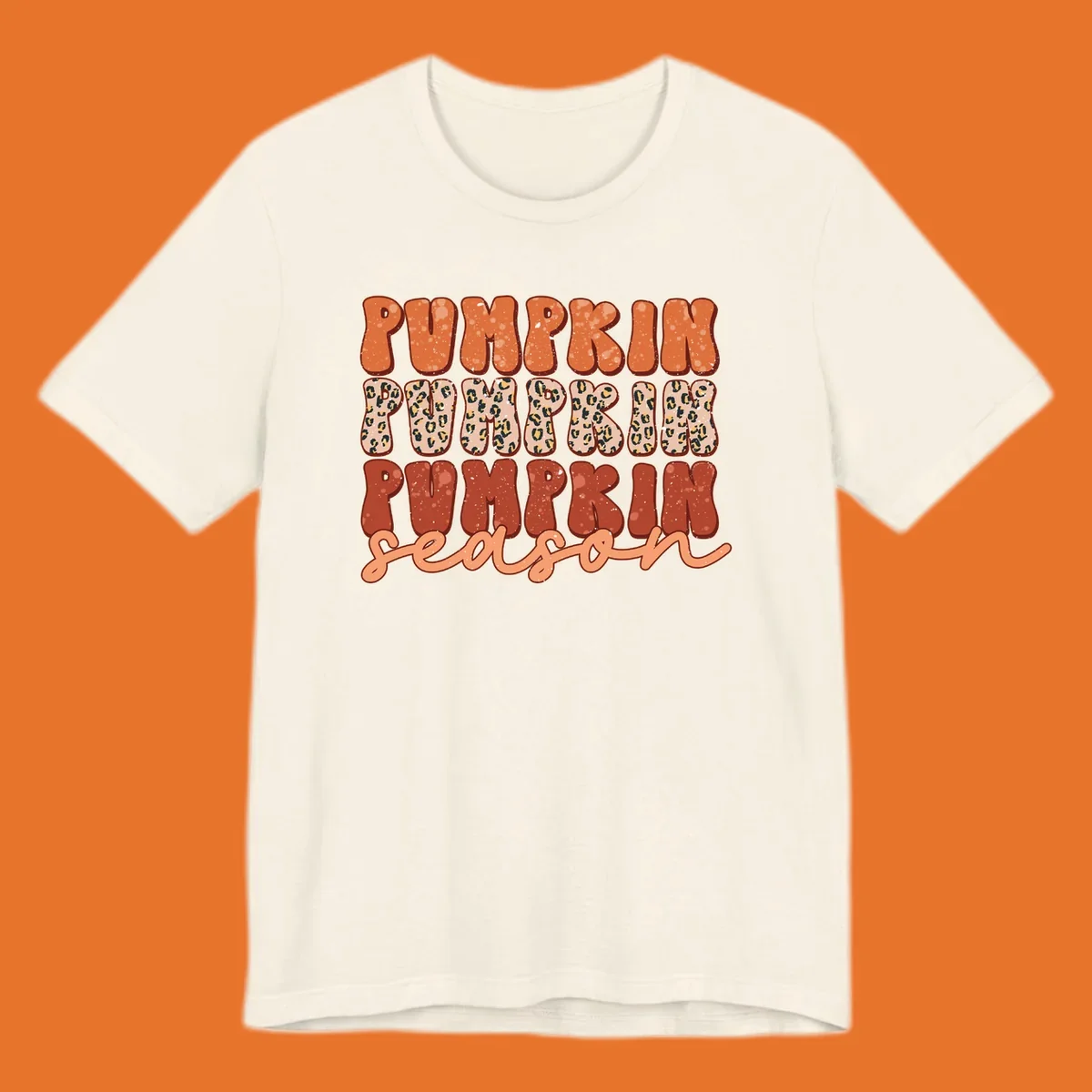 Groovy text design for pumpkin season featuring "PUMPKIN PUMPKIN PUMPKIN season" with leopard print and speckled textures.