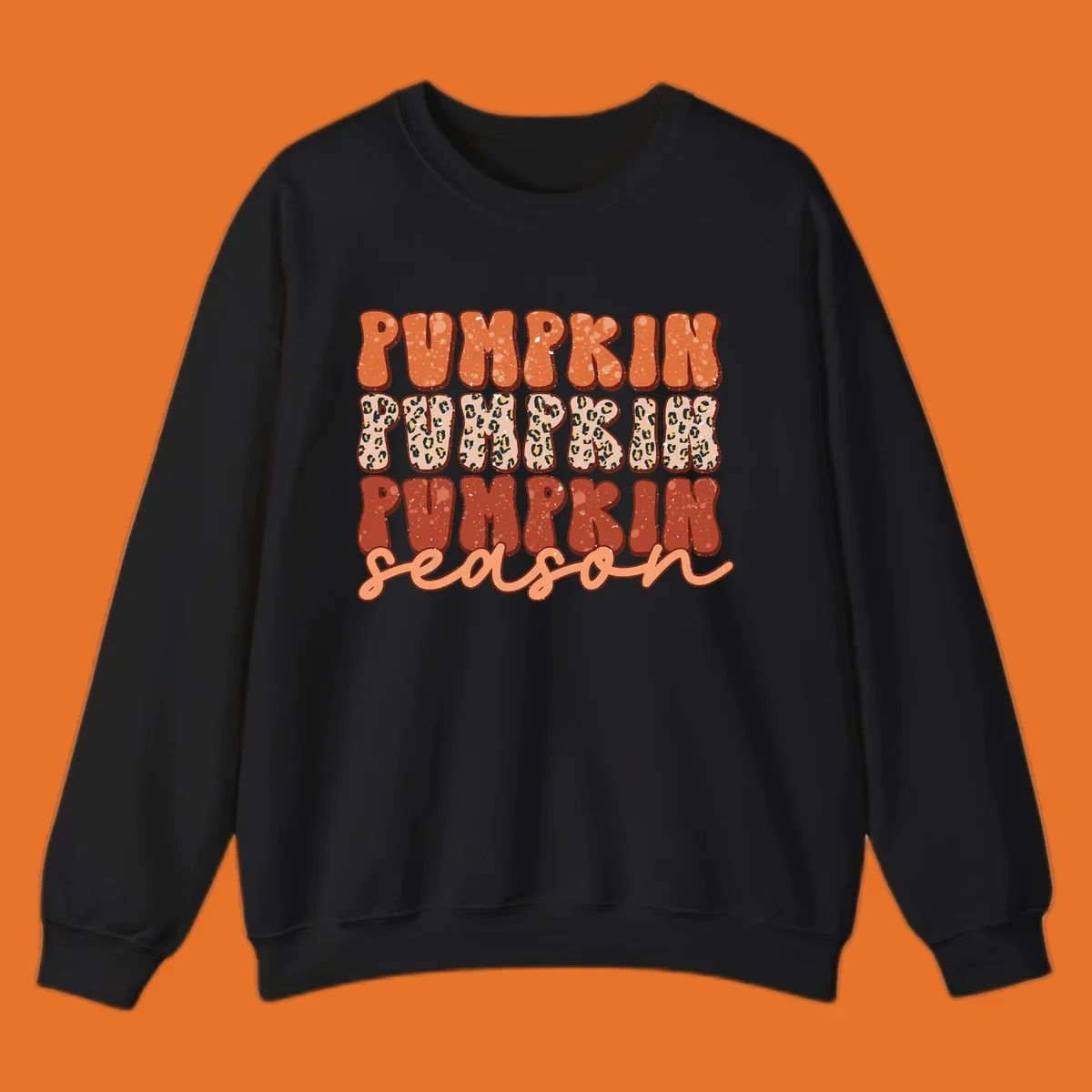 Groovy text design for pumpkin season featuring "PUMPKIN PUMPKIN PUMPKIN season" with leopard print and speckled textures.