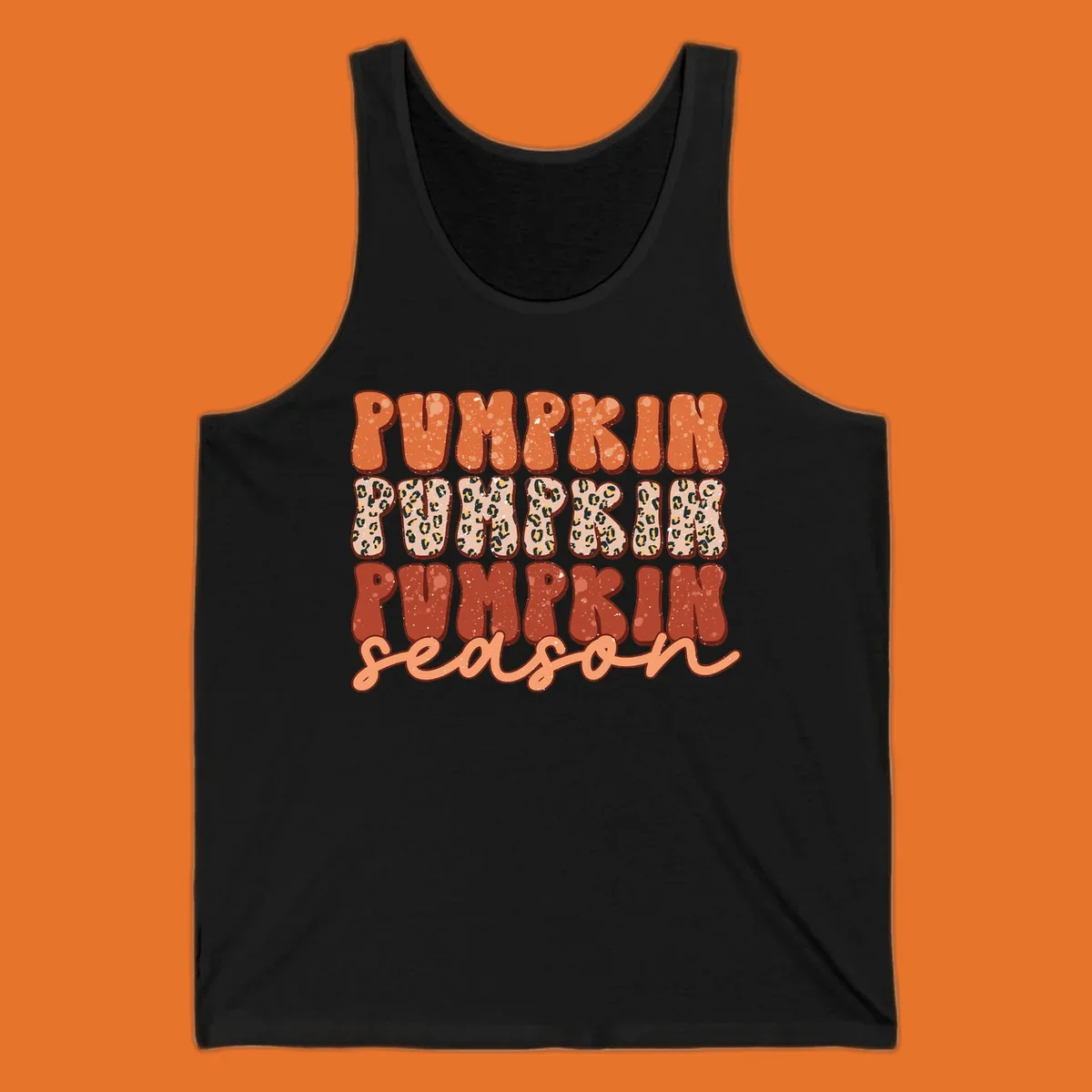 Groovy text design for pumpkin season featuring "PUMPKIN PUMPKIN PUMPKIN season" with leopard print and speckled textures.