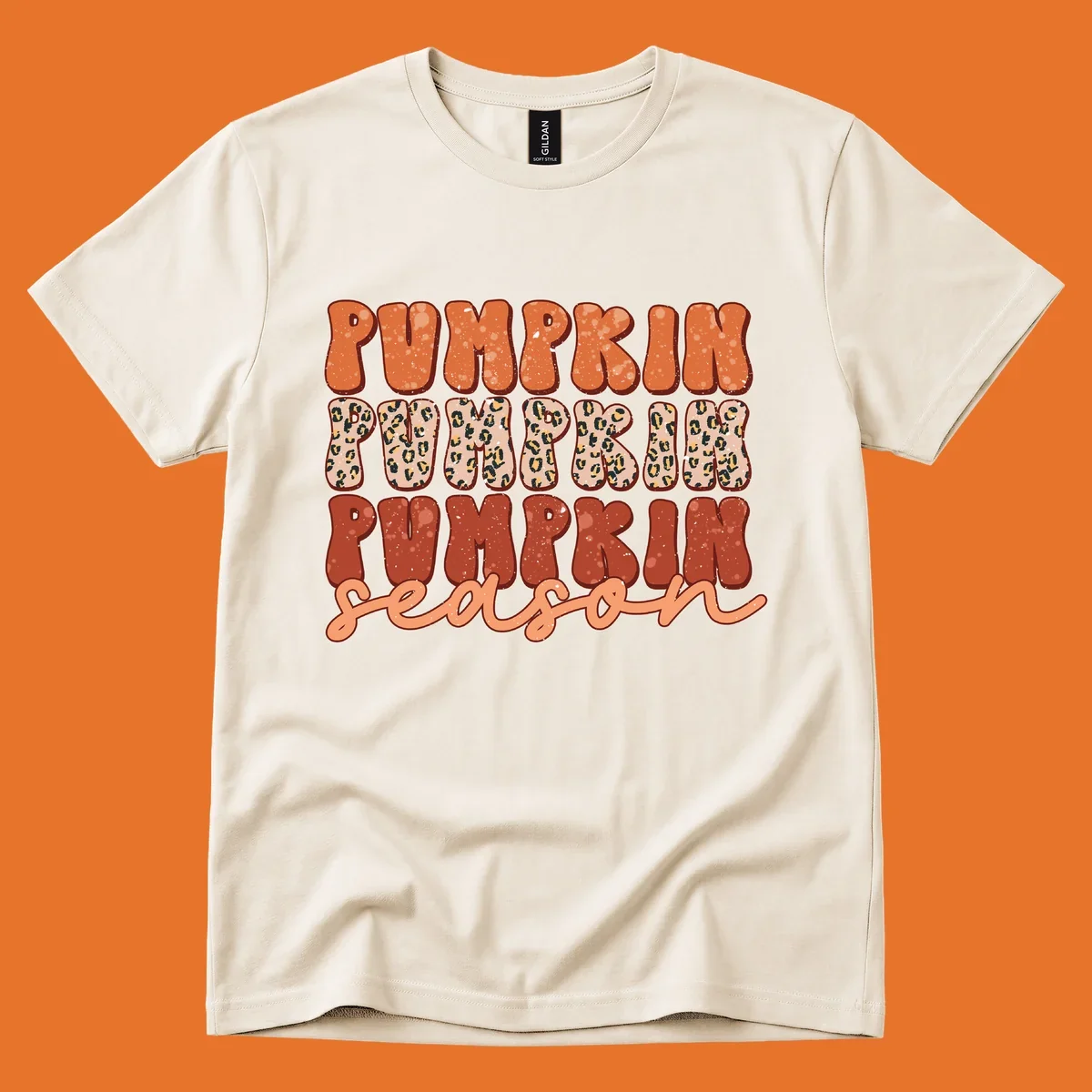 Groovy text design for pumpkin season featuring "PUMPKIN PUMPKIN PUMPKIN season" with leopard print and speckled textures.