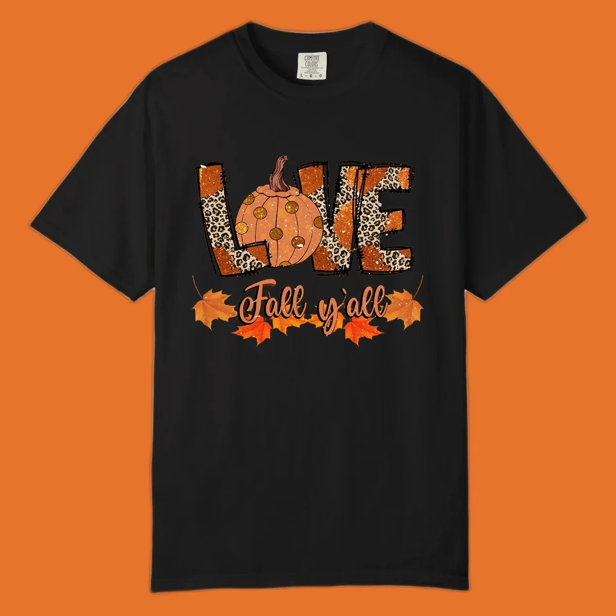 Fall love pumpkin with leopard print and 'Fall y'all' text, surrounded by maple leaves.