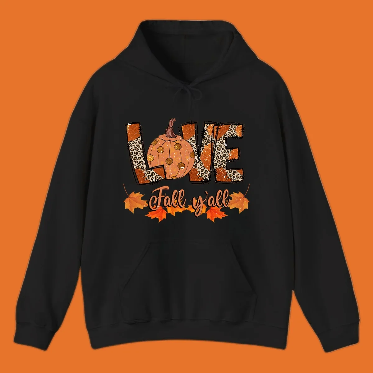 Fall love pumpkin with leopard print and 'Fall y'all' text, surrounded by maple leaves.