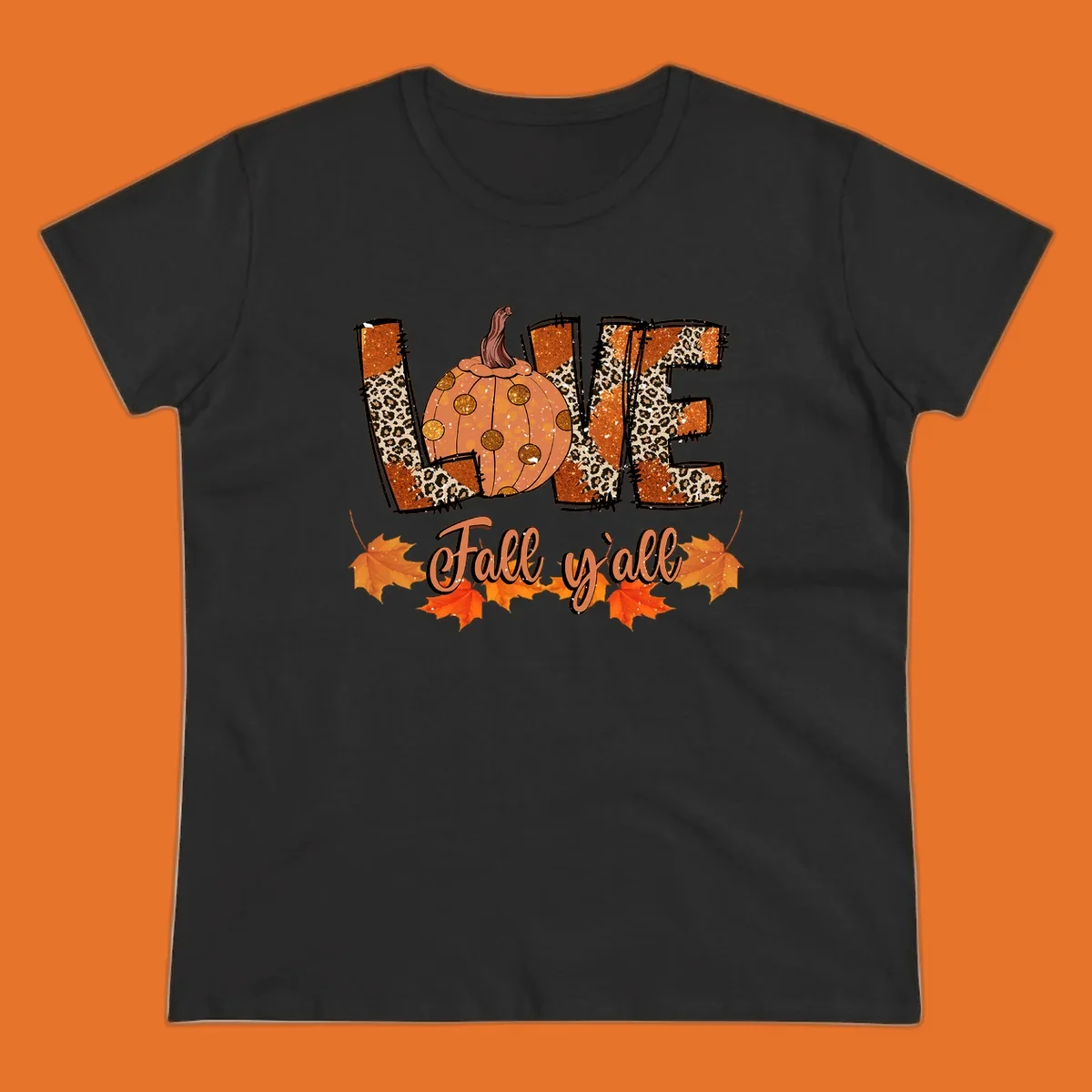 Fall love pumpkin with leopard print and 'Fall y'all' text, surrounded by maple leaves.