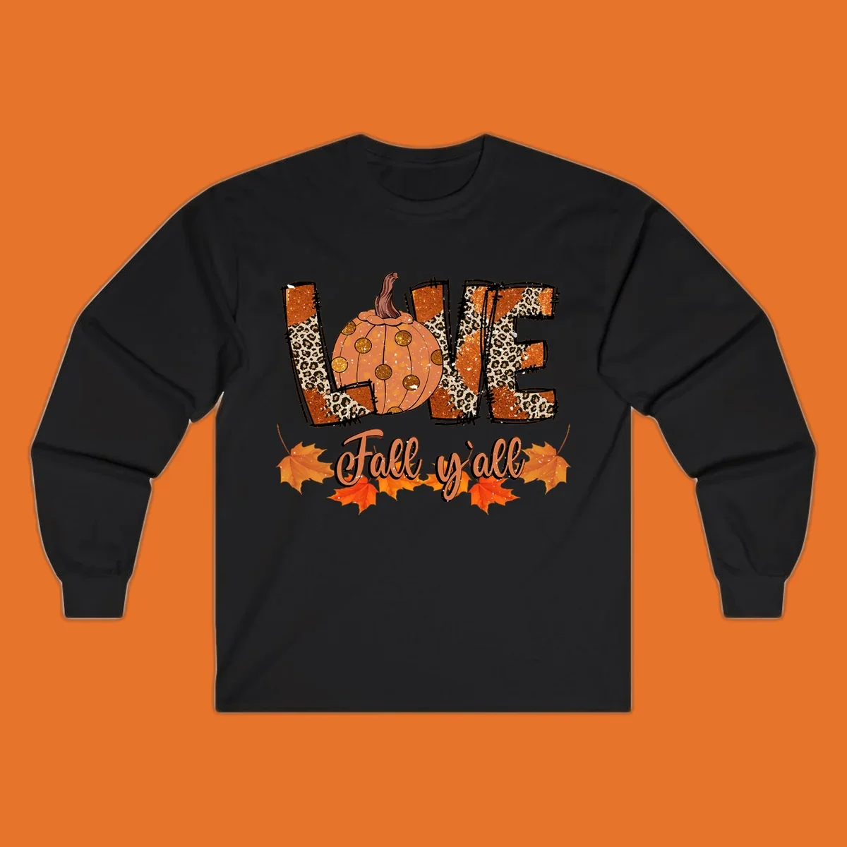 Fall love pumpkin with leopard print and 'Fall y'all' text, surrounded by maple leaves.