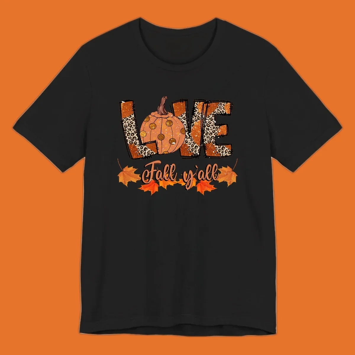 Fall love pumpkin with leopard print and 'Fall y'all' text, surrounded by maple leaves.