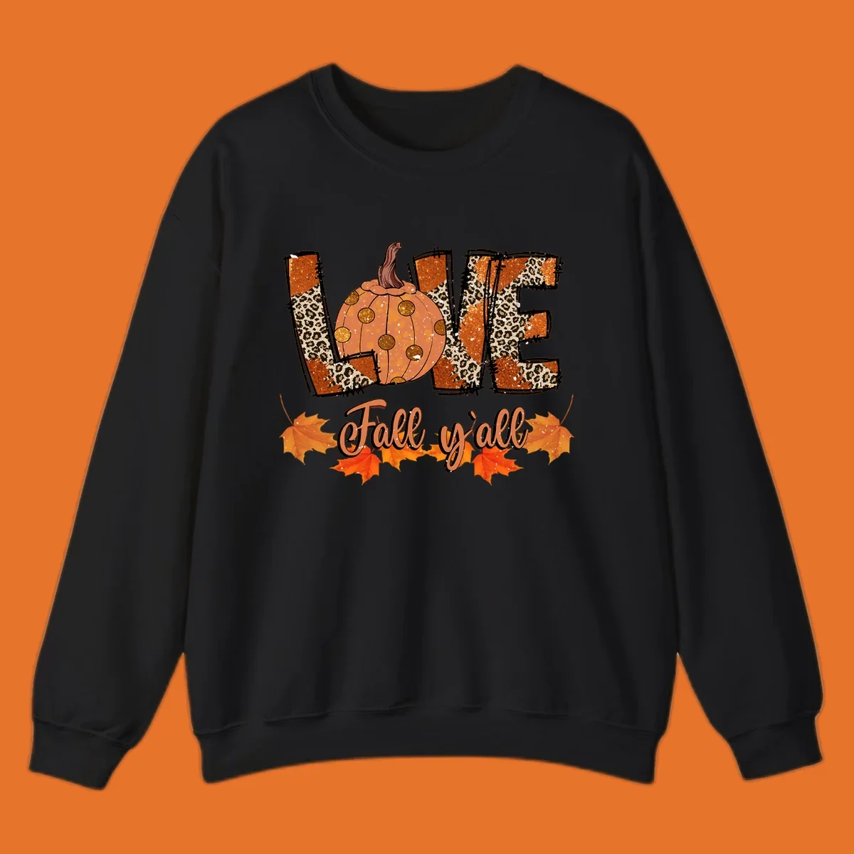 Fall love pumpkin with leopard print and 'Fall y'all' text, surrounded by maple leaves.