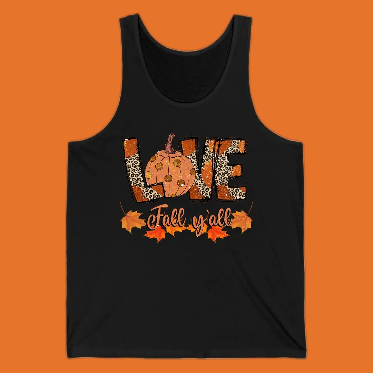 Fall love pumpkin with leopard print and 'Fall y'all' text, surrounded by maple leaves.
