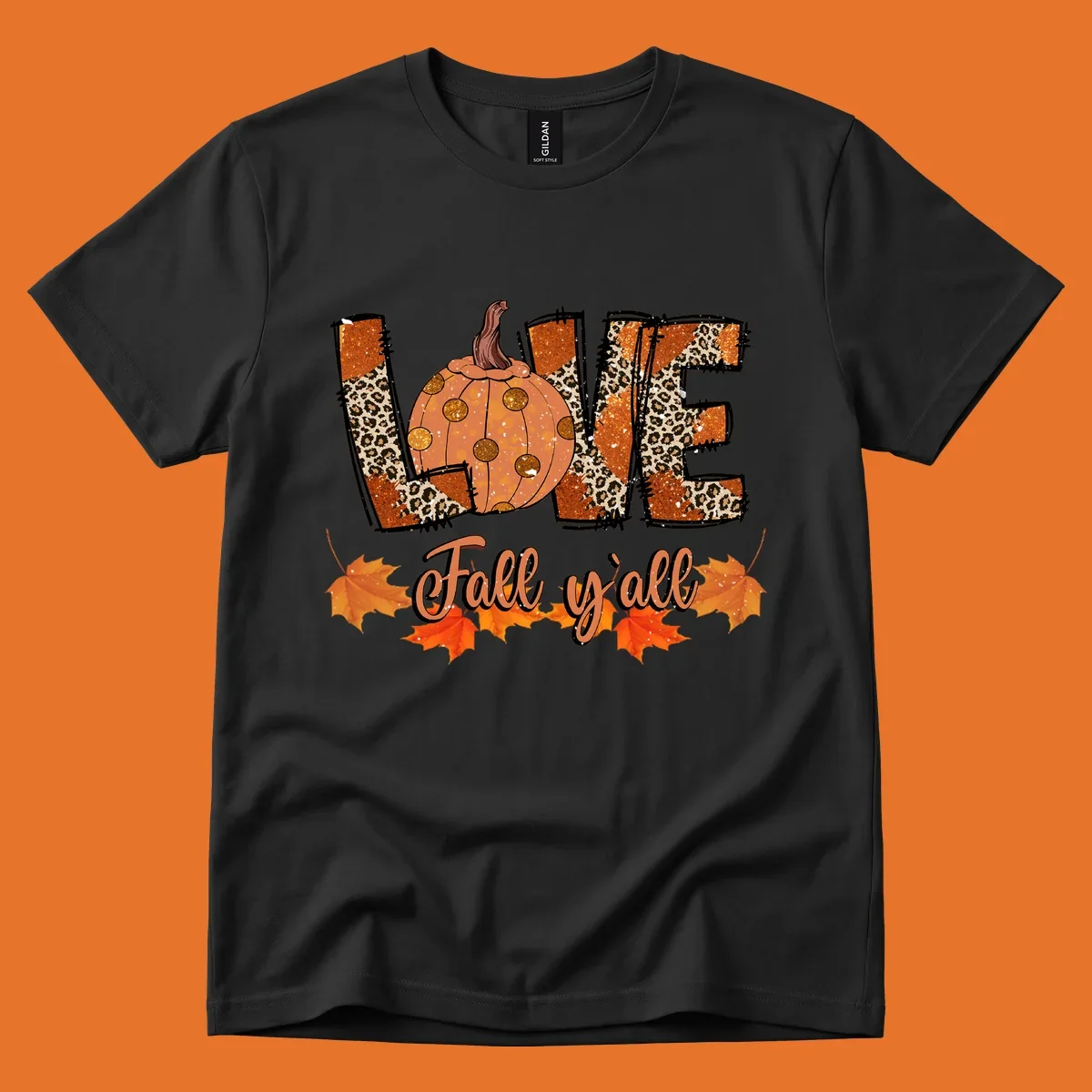 Fall love pumpkin with leopard print and 'Fall y'all' text, surrounded by maple leaves.