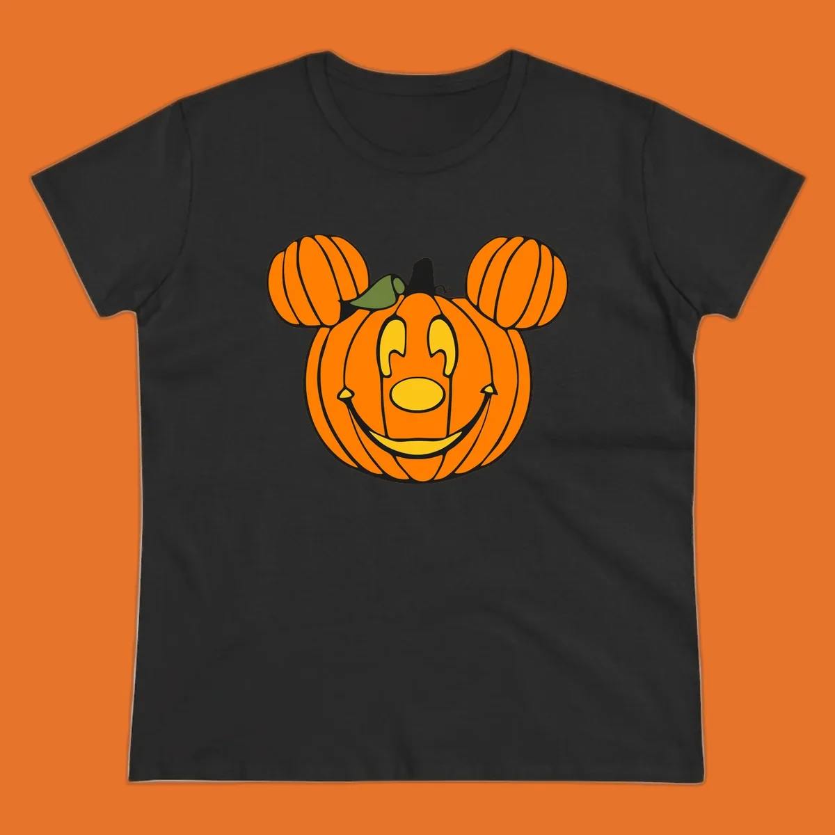 Mickey pumpkin halloween jack-o-lantern graphic with smiling face and ears.