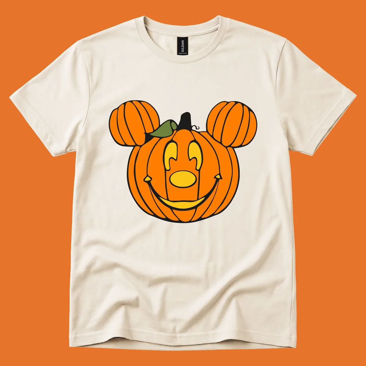 Mickey pumpkin halloween jack-o-lantern graphic with smiling face and ears.