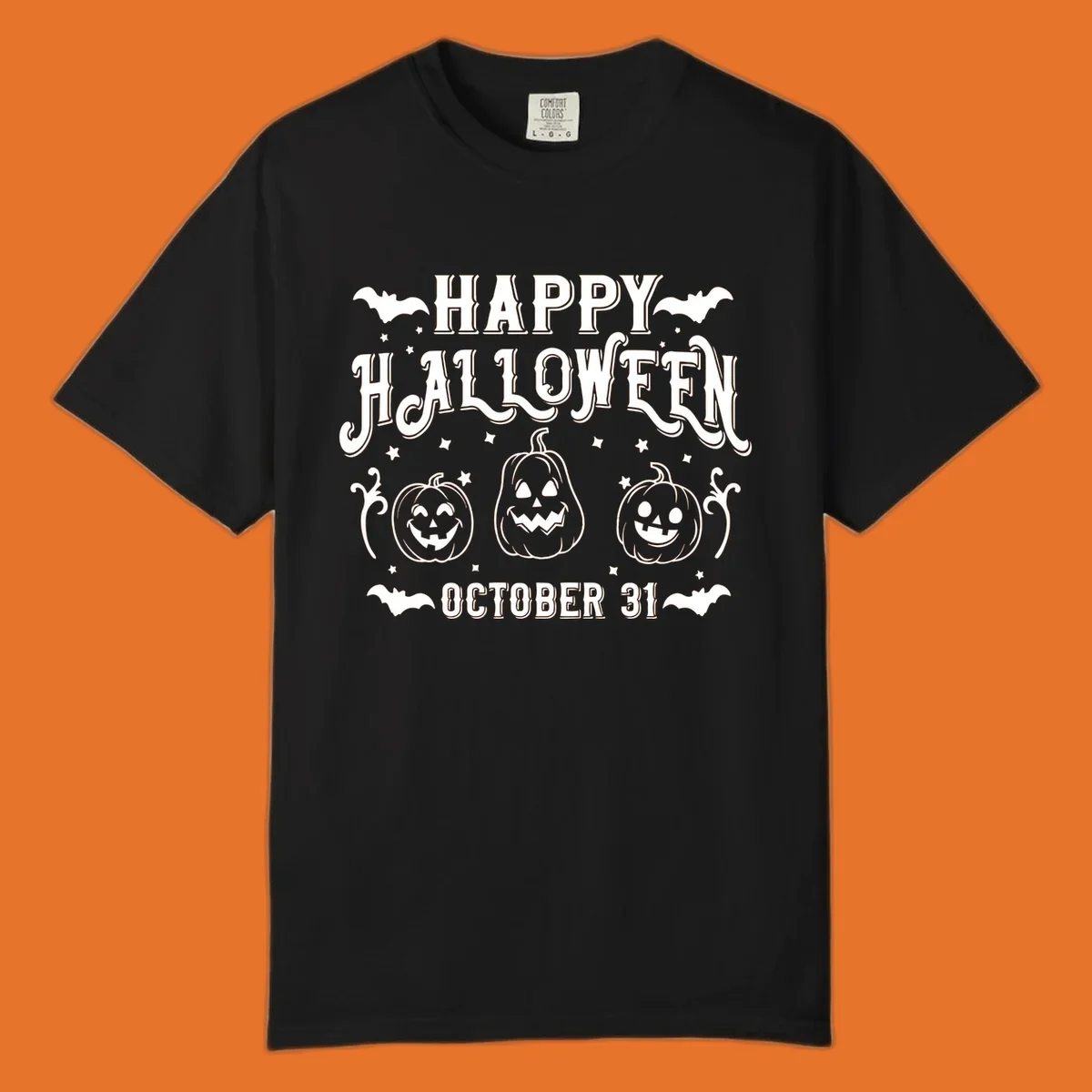 Happy Halloween text with spooky pumpkins and bats illustration