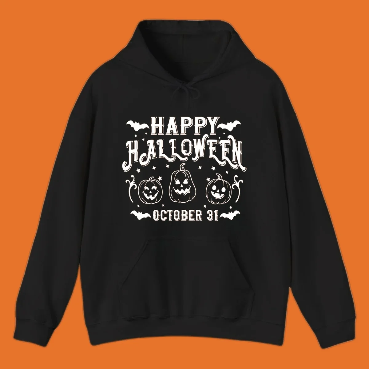 Happy Halloween text with spooky pumpkins and bats illustration