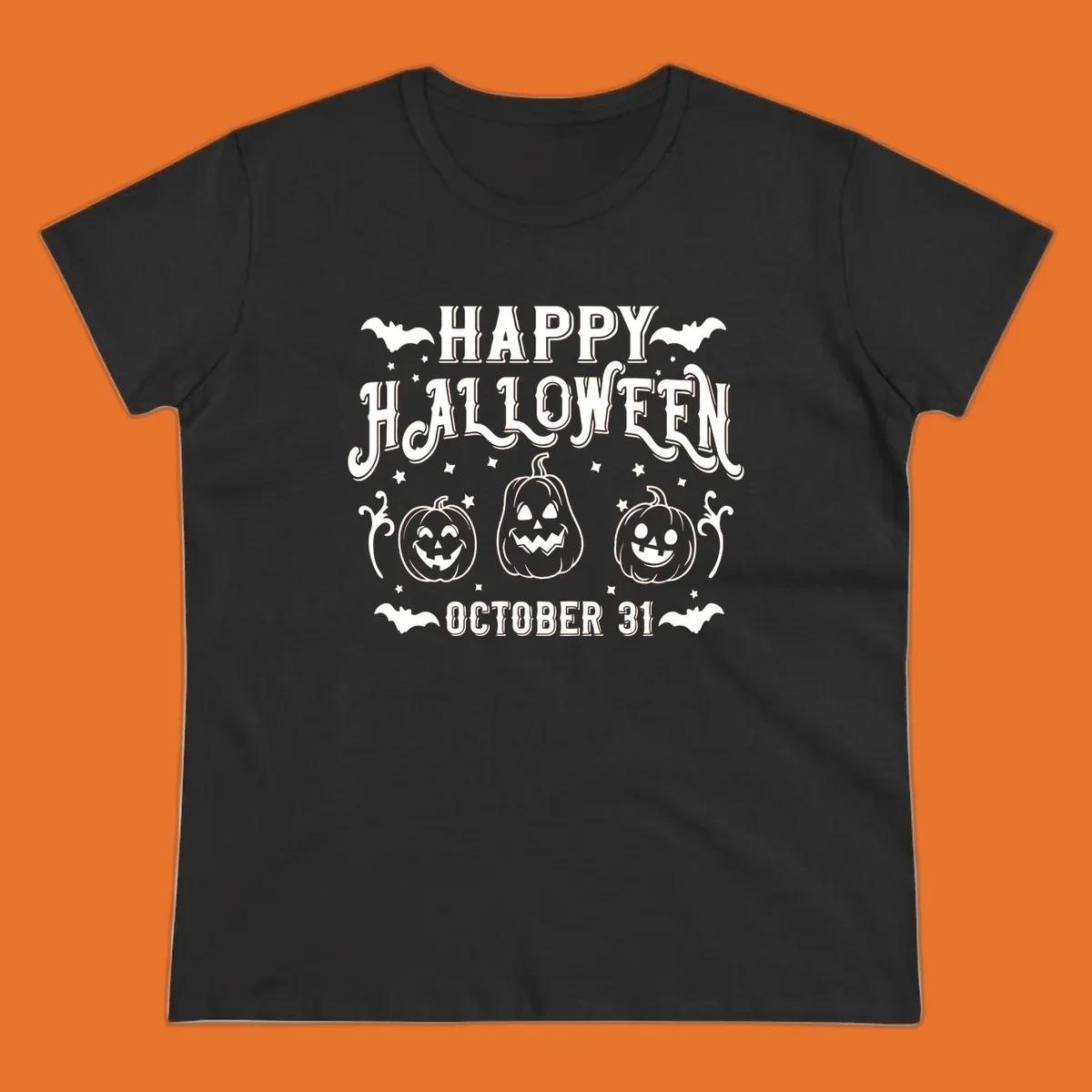 Happy Halloween text with spooky pumpkins and bats illustration