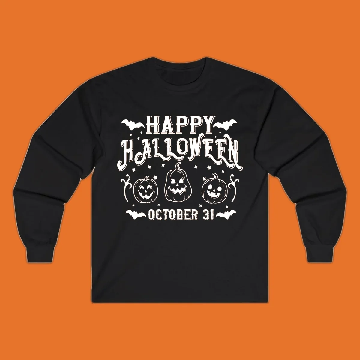 Happy Halloween text with spooky pumpkins and bats illustration