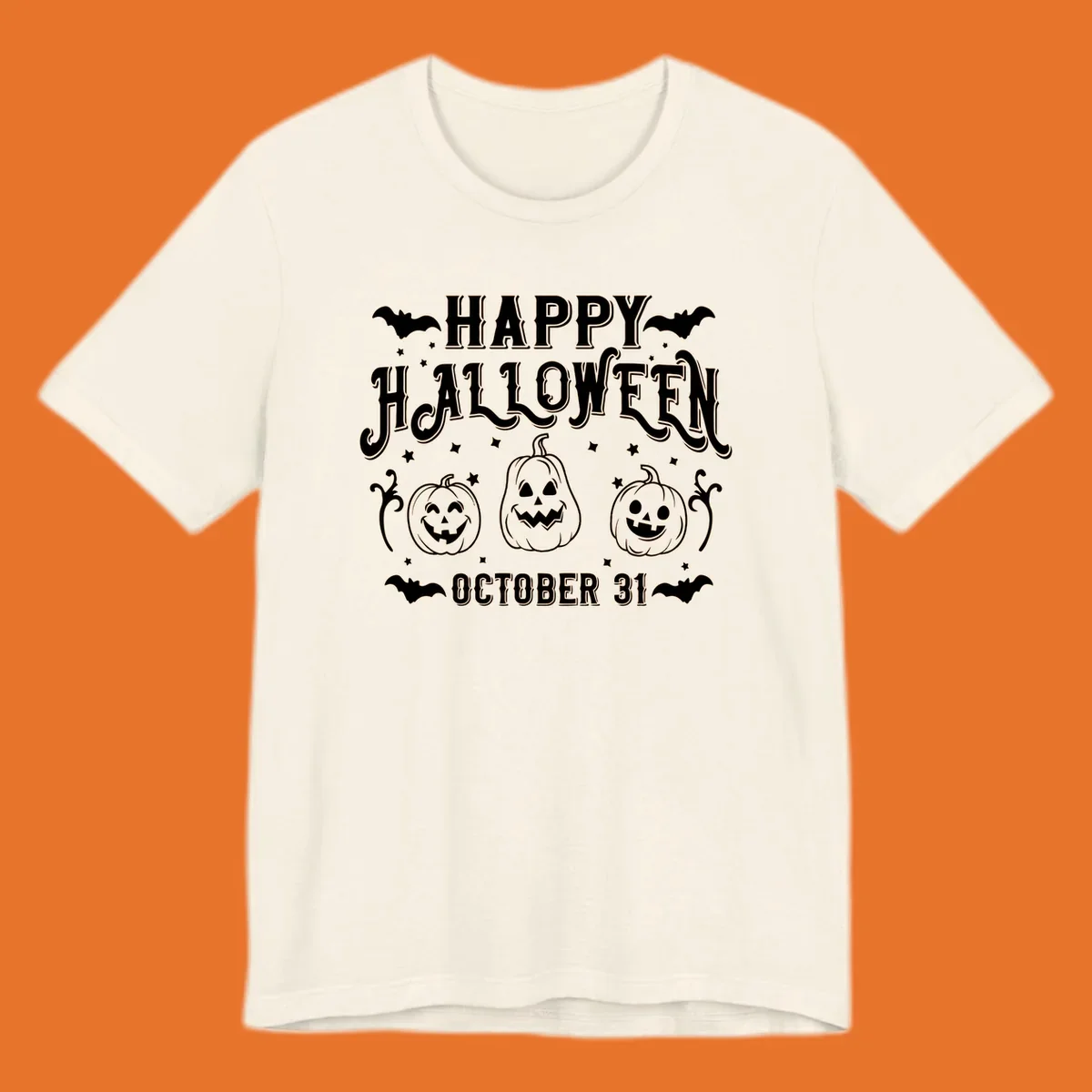 Happy Halloween text with spooky pumpkins and bats illustration