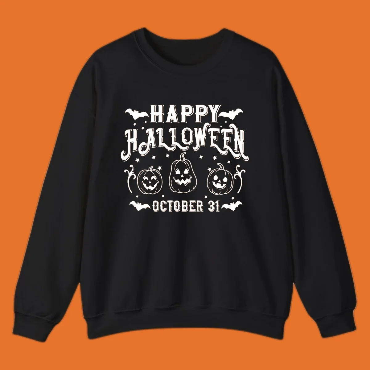 Happy Halloween text with spooky pumpkins and bats illustration