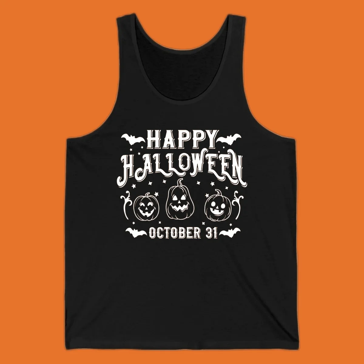 Happy Halloween text with spooky pumpkins and bats illustration