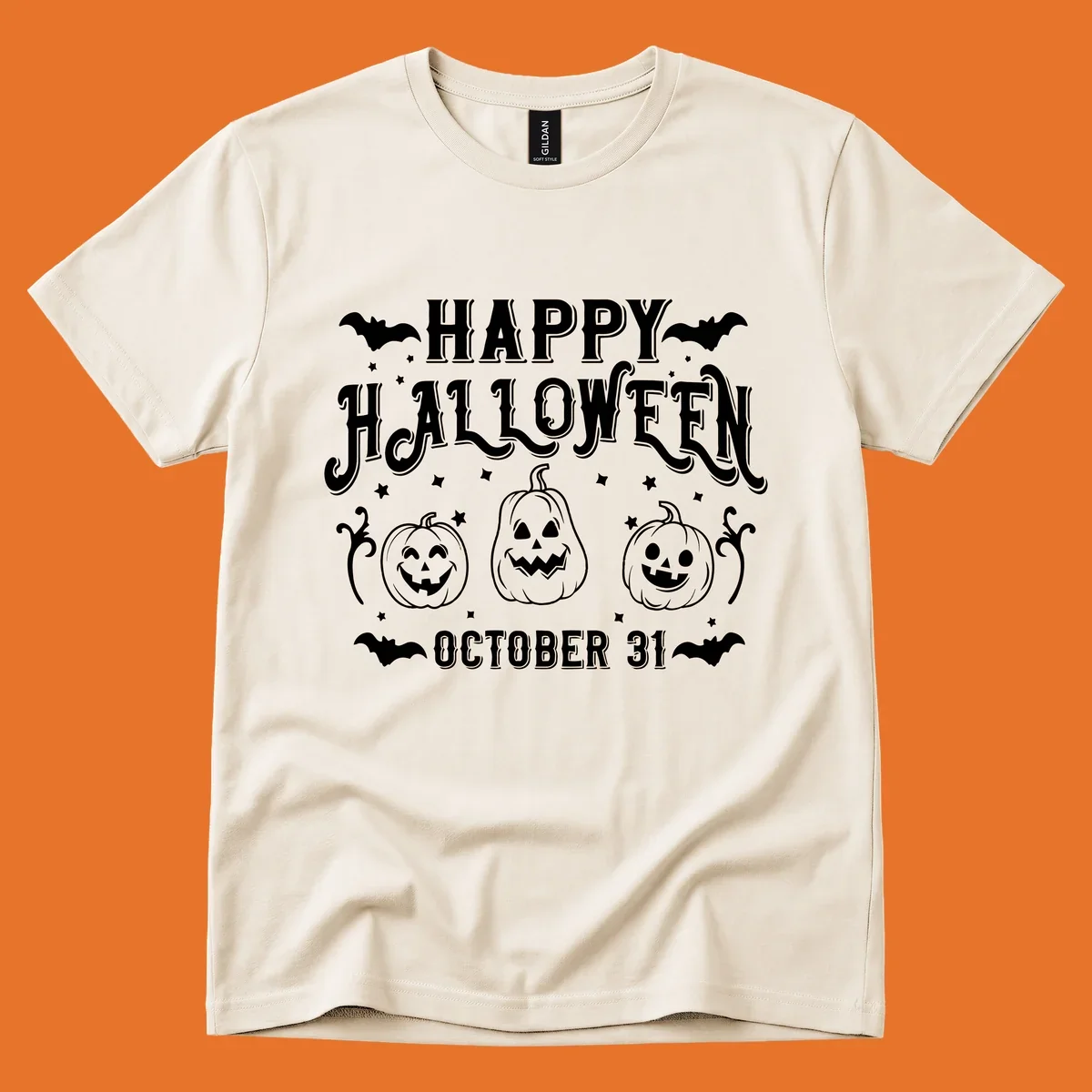 Happy Halloween text with spooky pumpkins and bats illustration