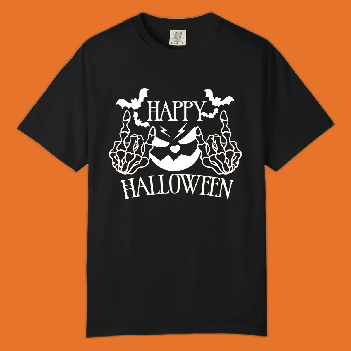 Spooky skeleton hands giving the middle finger with a jack-o'-lantern and bats, text says Happy Halloween.