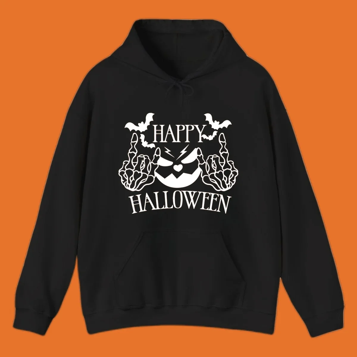 Spooky skeleton hands giving the middle finger with a jack-o'-lantern and bats, text says Happy Halloween.