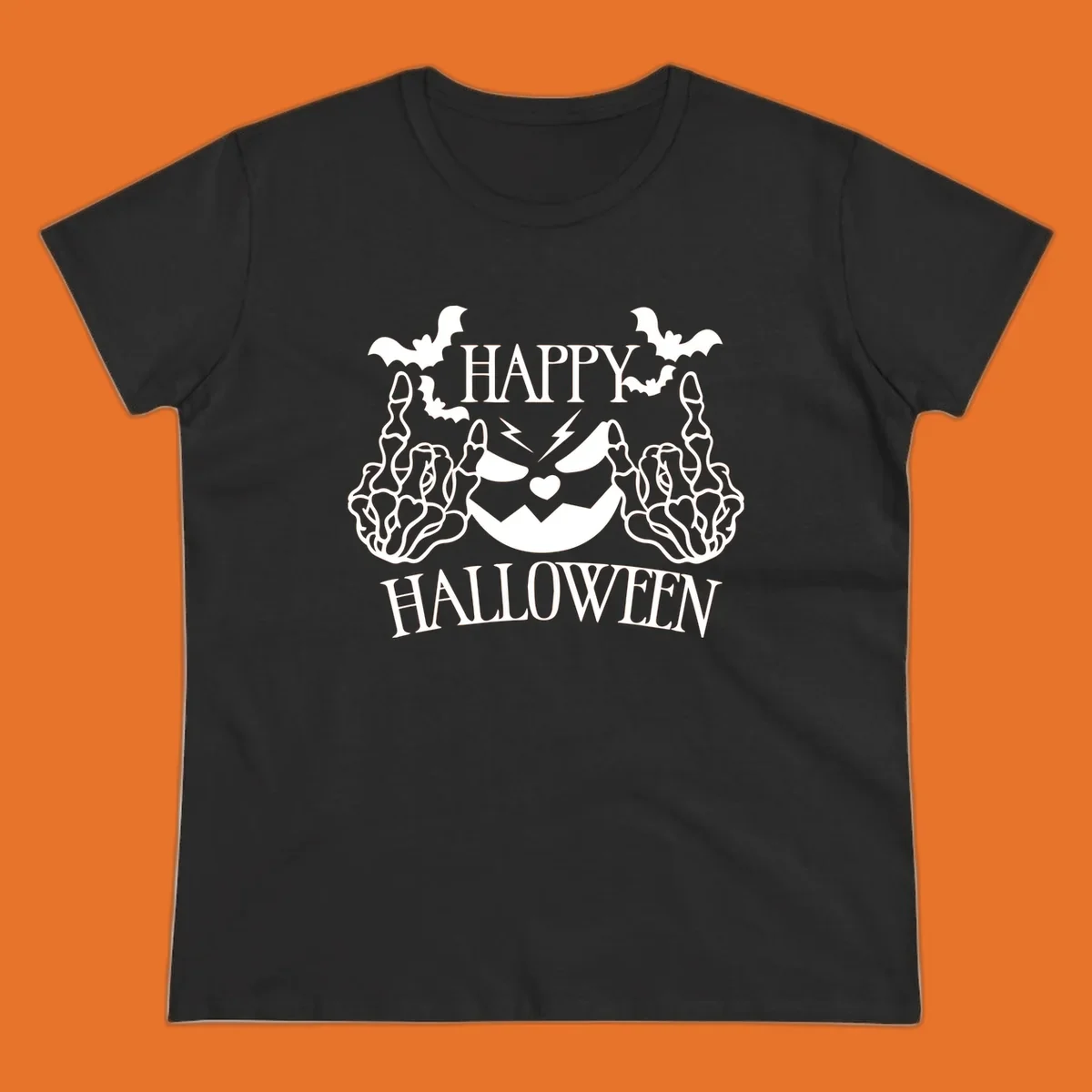 Spooky skeleton hands giving the middle finger with a jack-o'-lantern and bats, text says Happy Halloween.