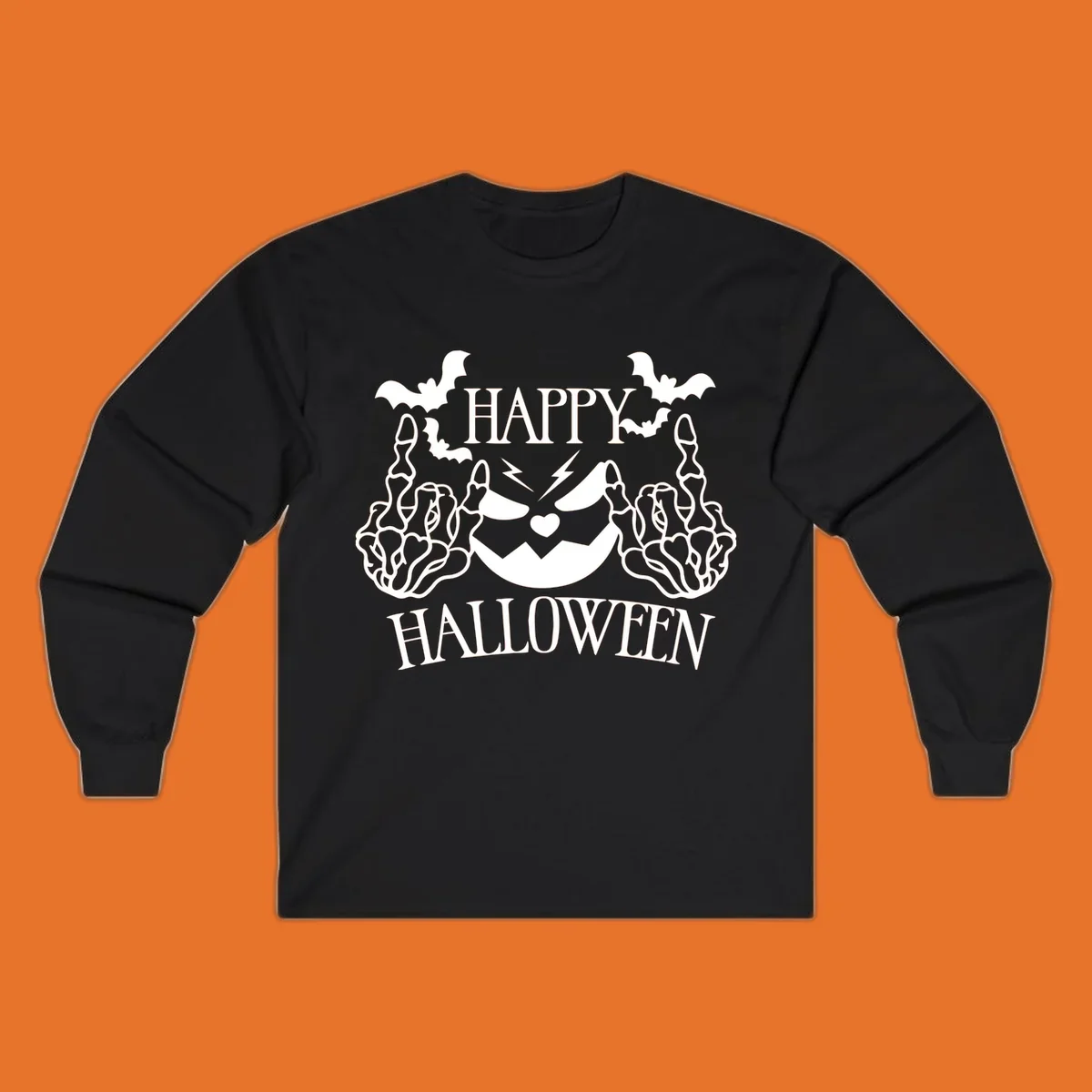 Spooky skeleton hands giving the middle finger with a jack-o'-lantern and bats, text says Happy Halloween.