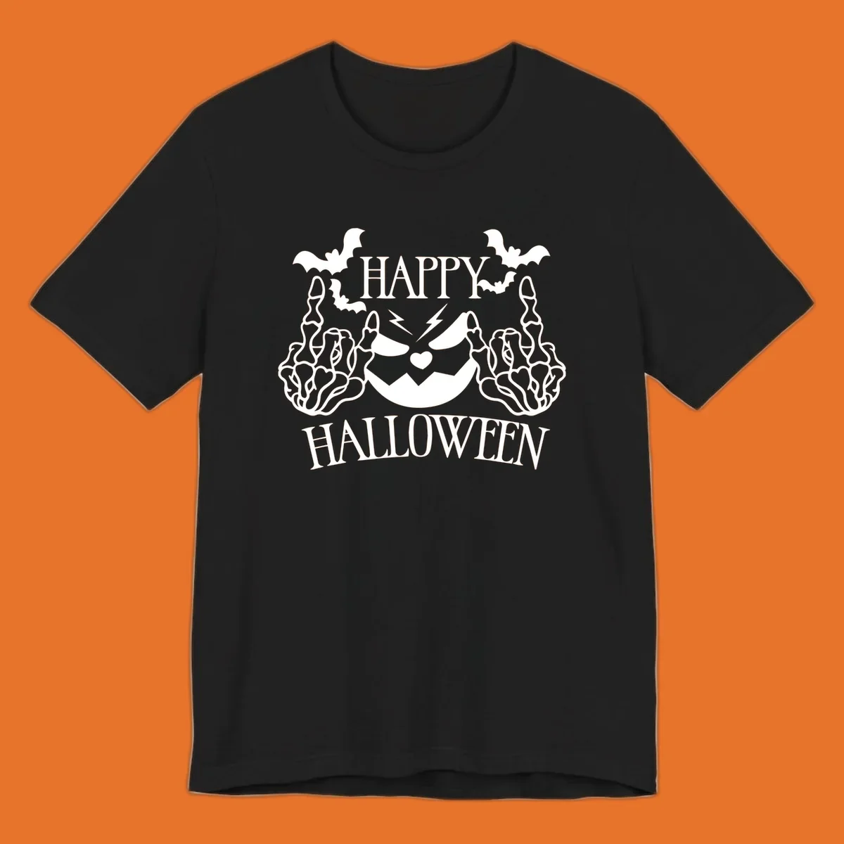 Spooky skeleton hands giving the middle finger with a jack-o'-lantern and bats, text says Happy Halloween.
