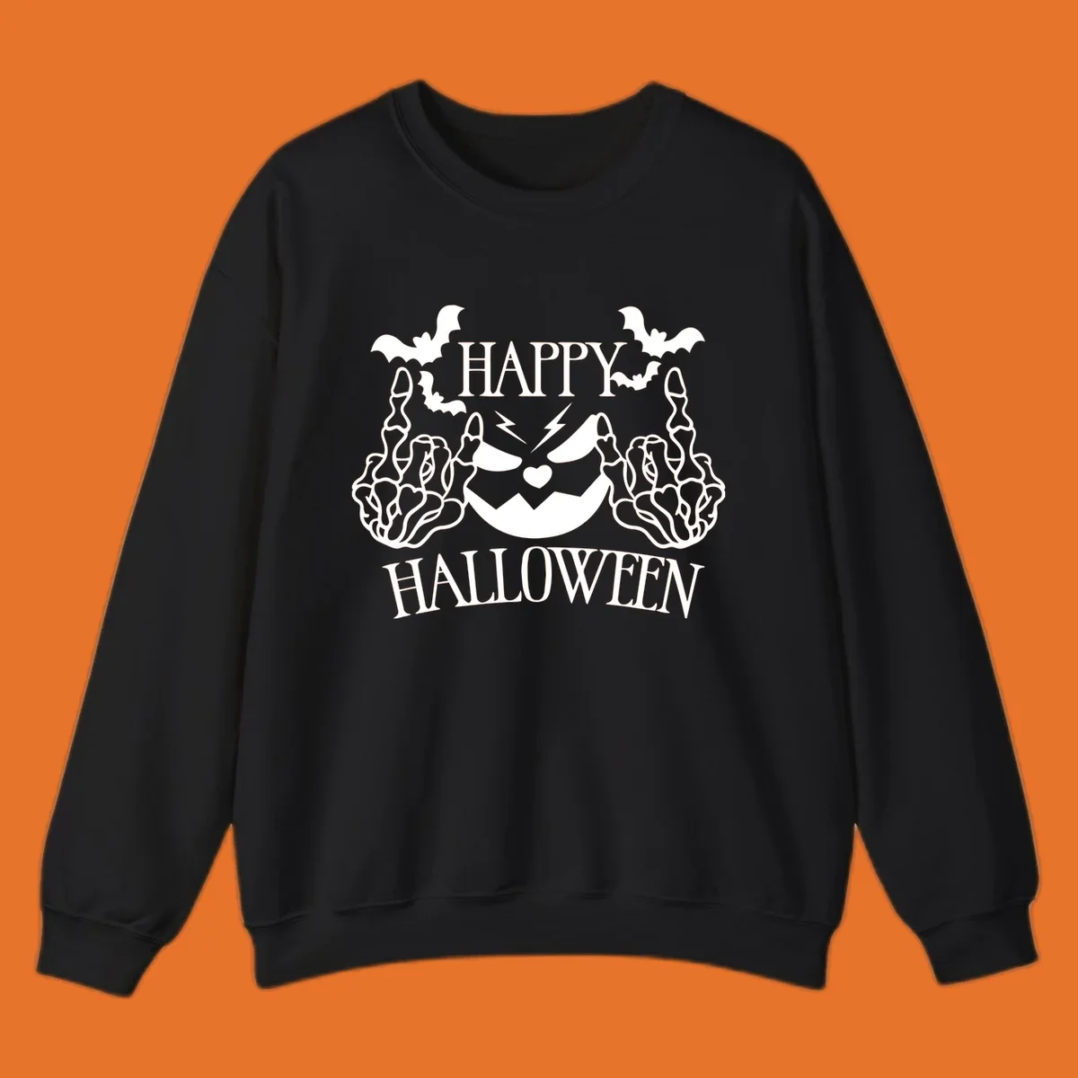 Spooky skeleton hands giving the middle finger with a jack-o'-lantern and bats, text says Happy Halloween.
