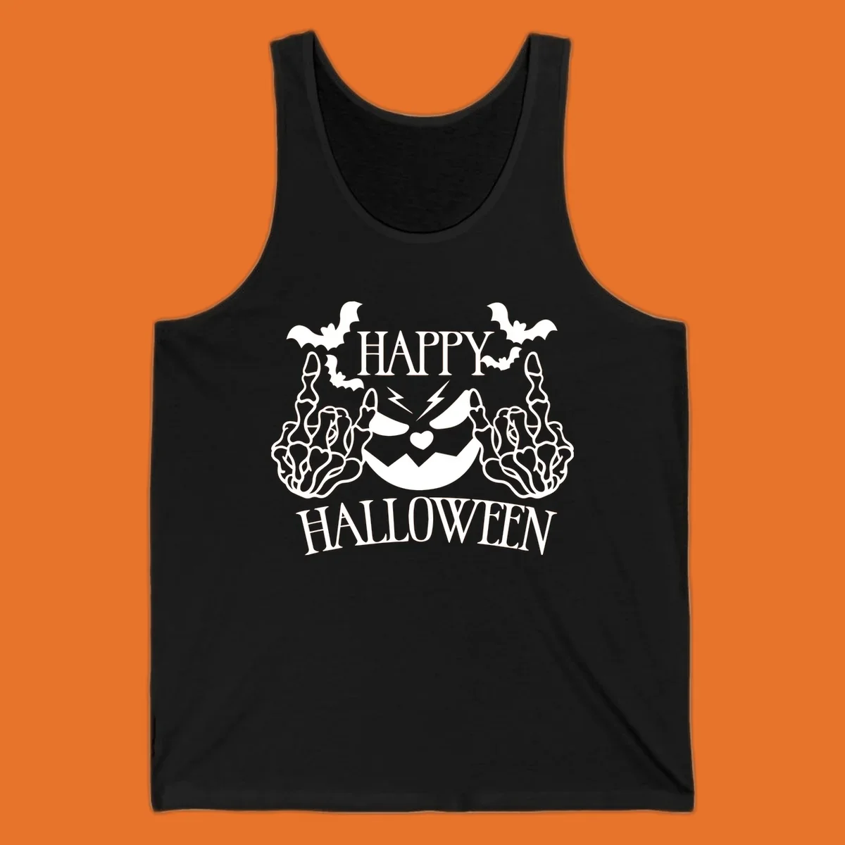 Spooky skeleton hands giving the middle finger with a jack-o'-lantern and bats, text says Happy Halloween.
