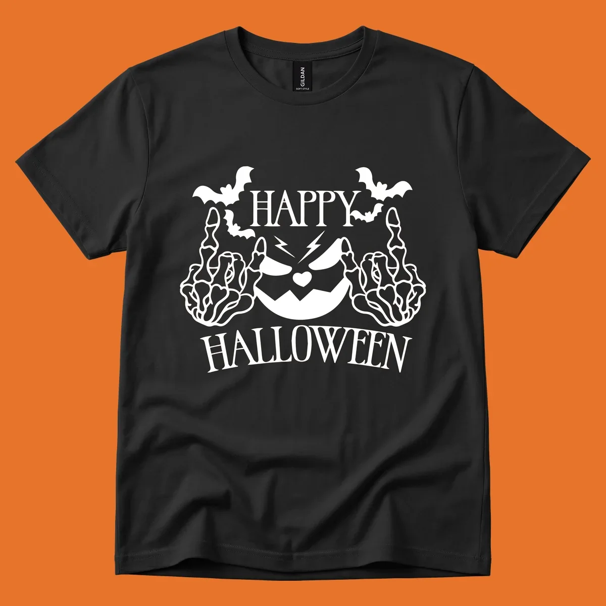 Spooky skeleton hands giving the middle finger with a jack-o'-lantern and bats, text says Happy Halloween.