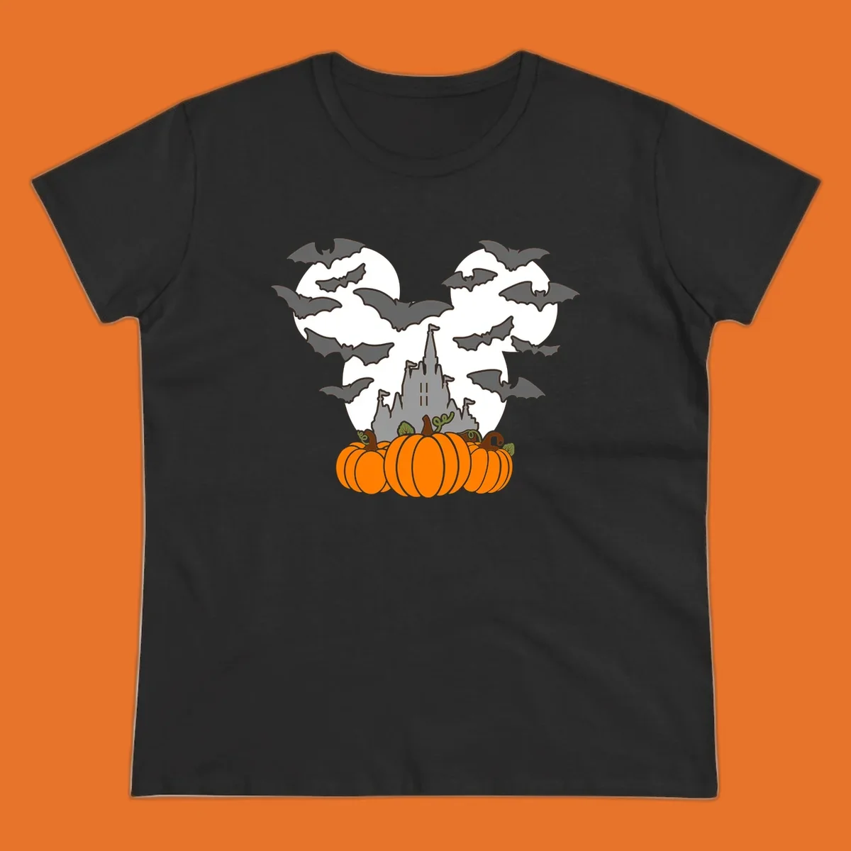 Halloween castle with bats and pumpkins against a Mickey Mouse ears moon graphic.