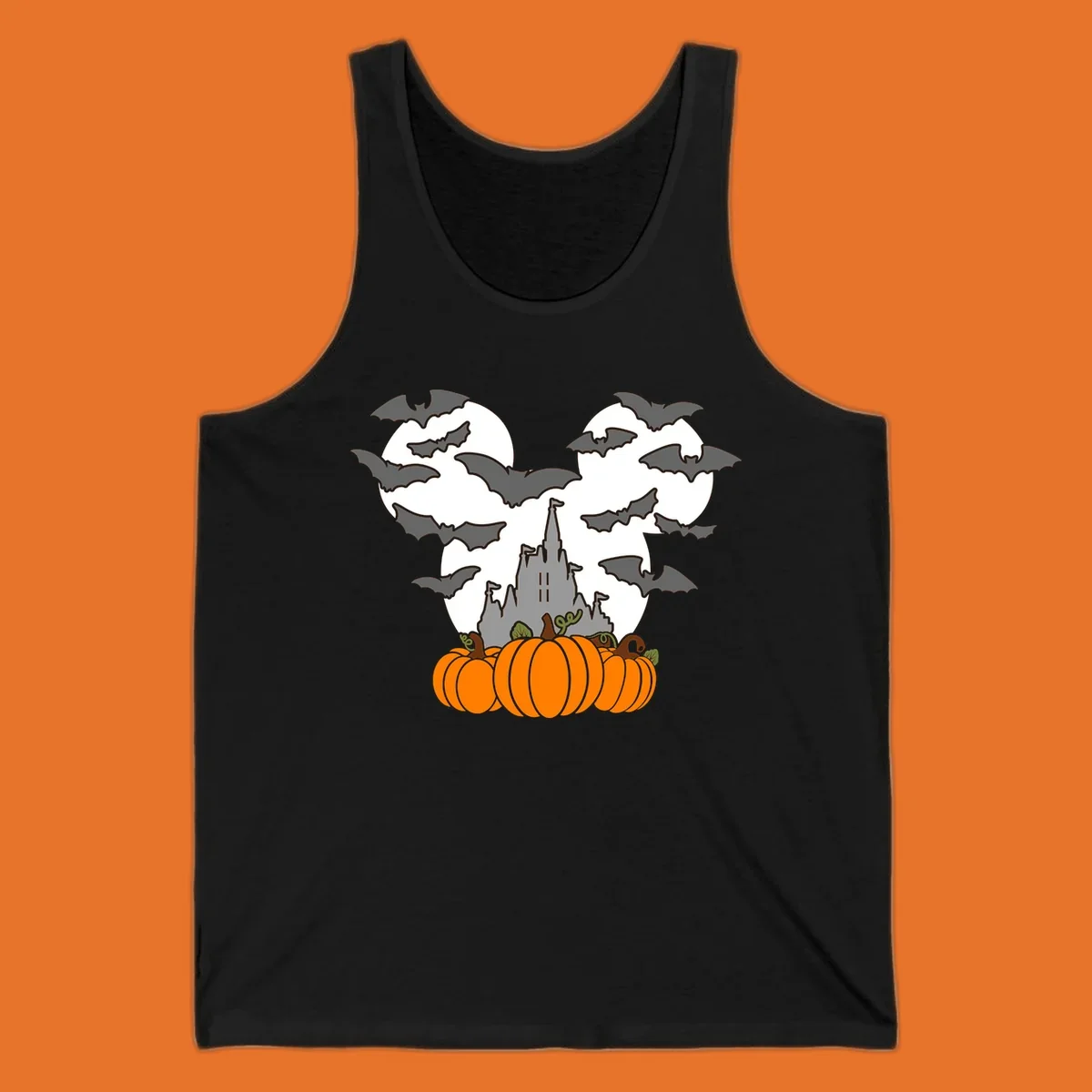 Halloween castle with bats and pumpkins against a Mickey Mouse ears moon graphic.