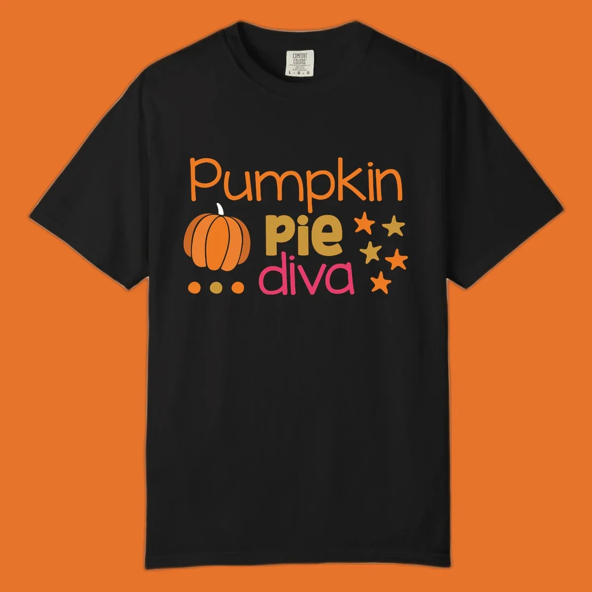 Pumpkin Pie Diva text and illustration with stars and dots