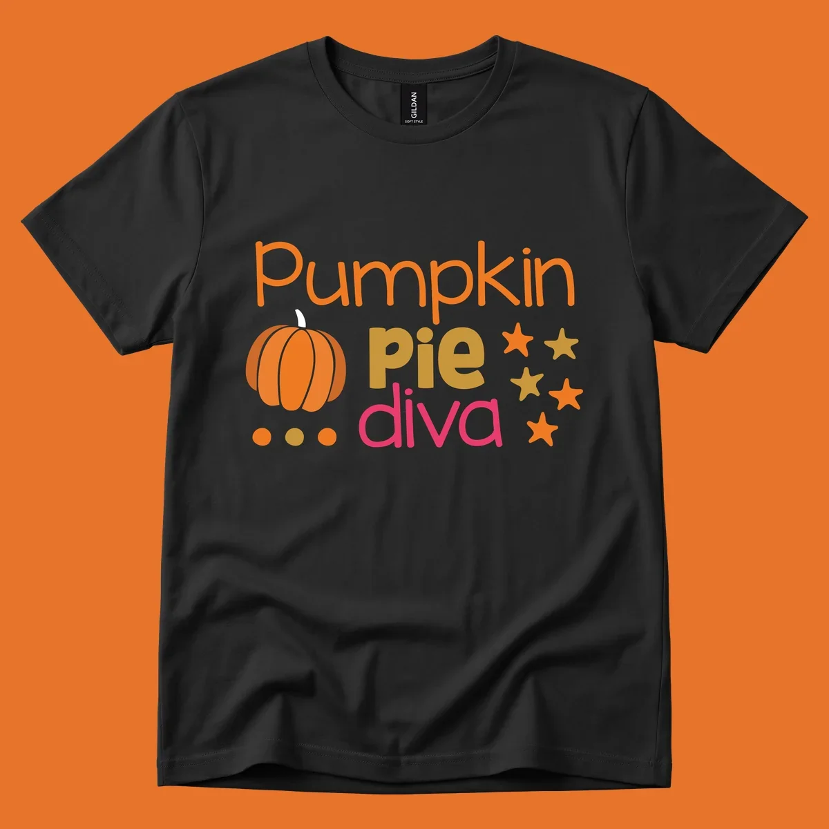 Pumpkin Pie Diva text and illustration with stars and dots
