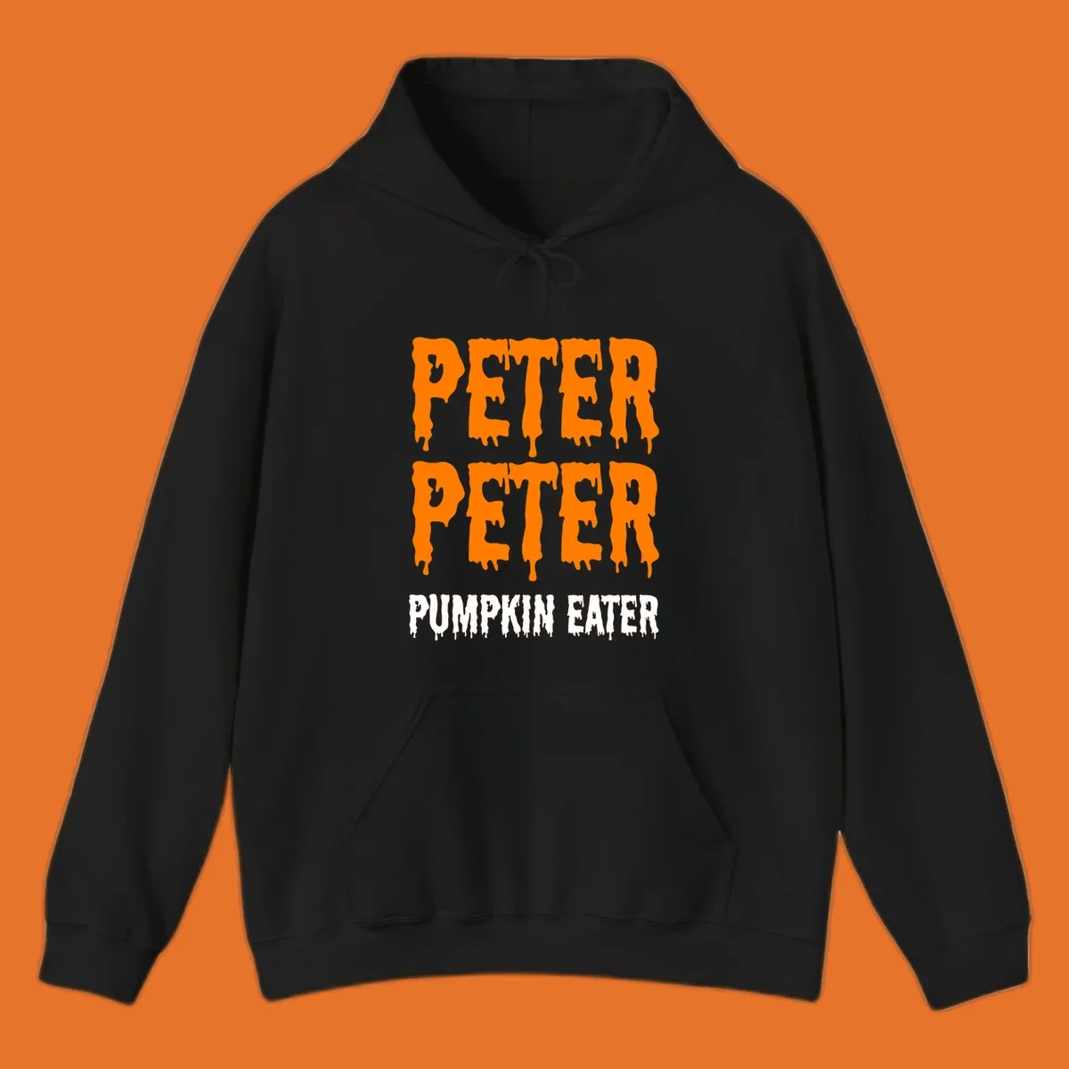 Peter Peter Pumpkin Eater text design with dripping orange and white letters on a black background.