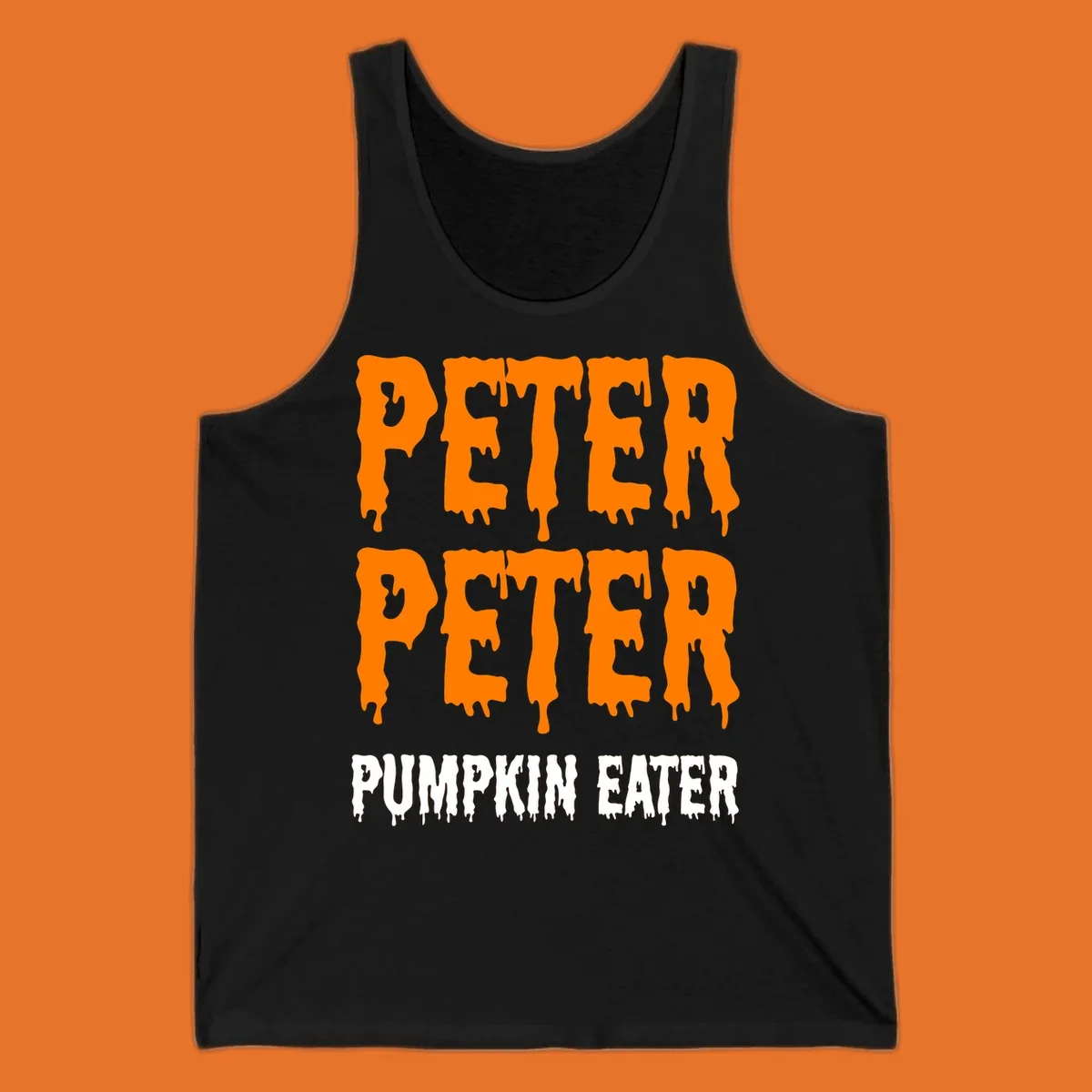 Peter Peter Pumpkin Eater text design with dripping orange and white letters on a black background.