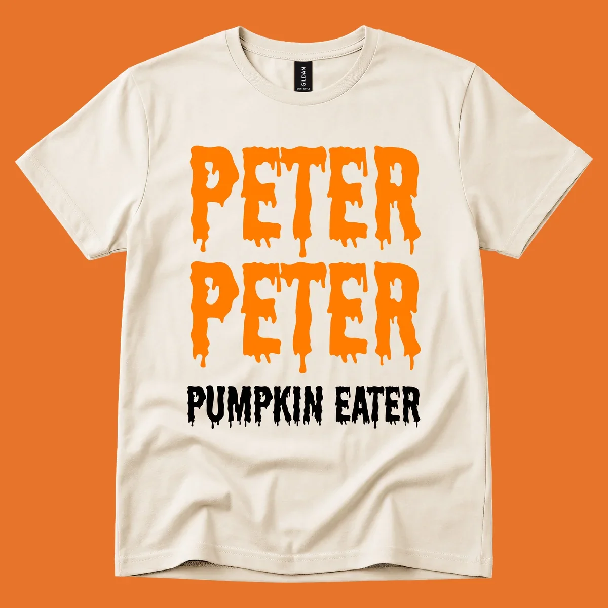 Peter Peter Pumpkin Eater text design with dripping orange and white letters on a black background.