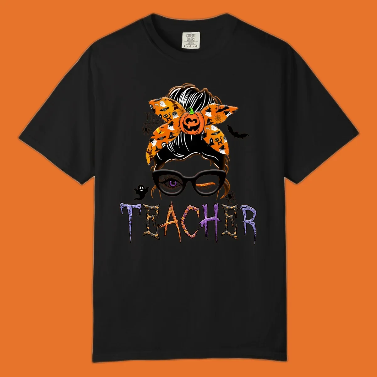 Halloween teacher messy bun with pumpkin spice bandana and glasses, text TEACHER.