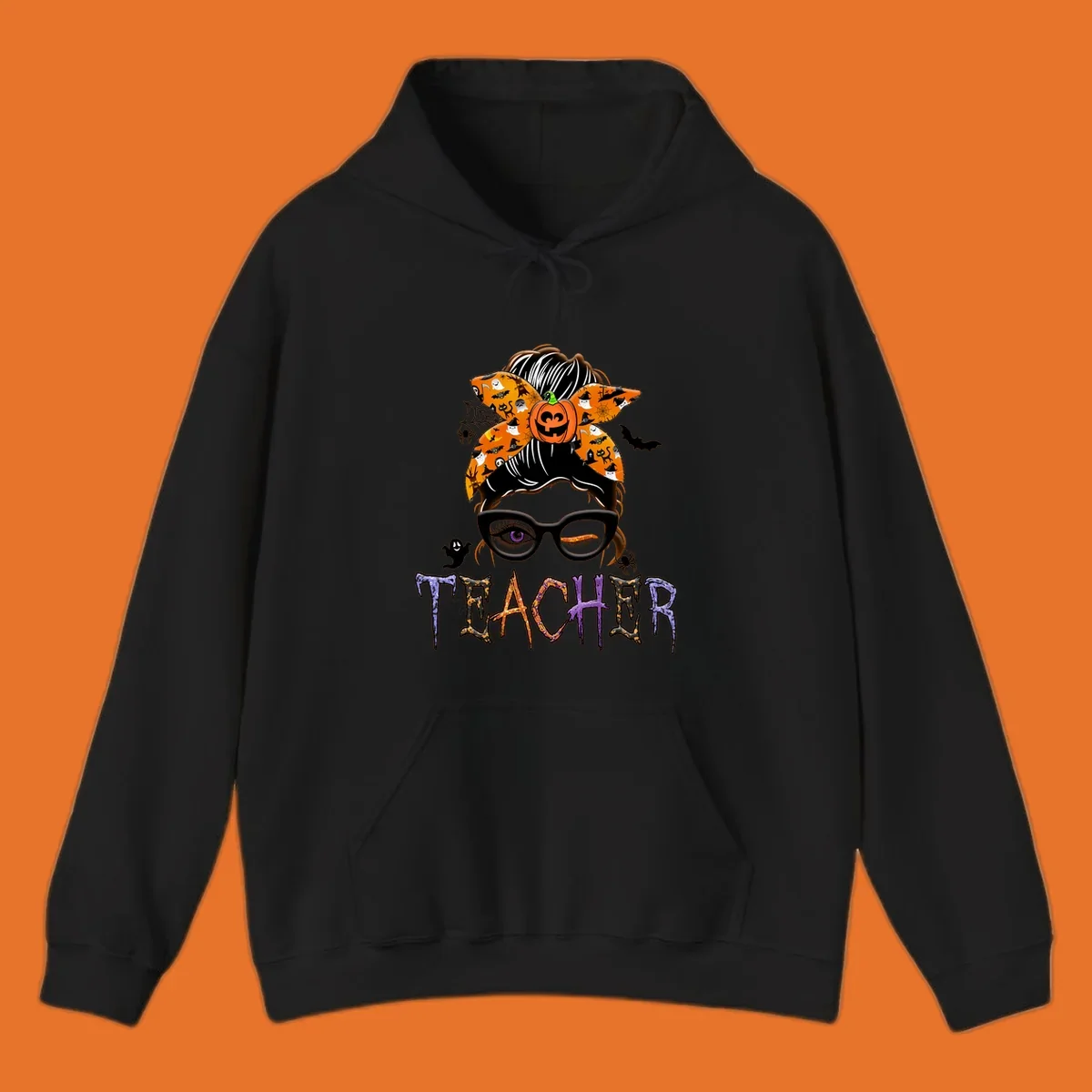 Halloween teacher messy bun with pumpkin spice bandana and glasses, text TEACHER.