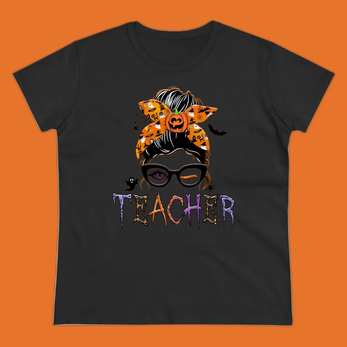 Halloween teacher messy bun with pumpkin spice bandana and glasses, text TEACHER.