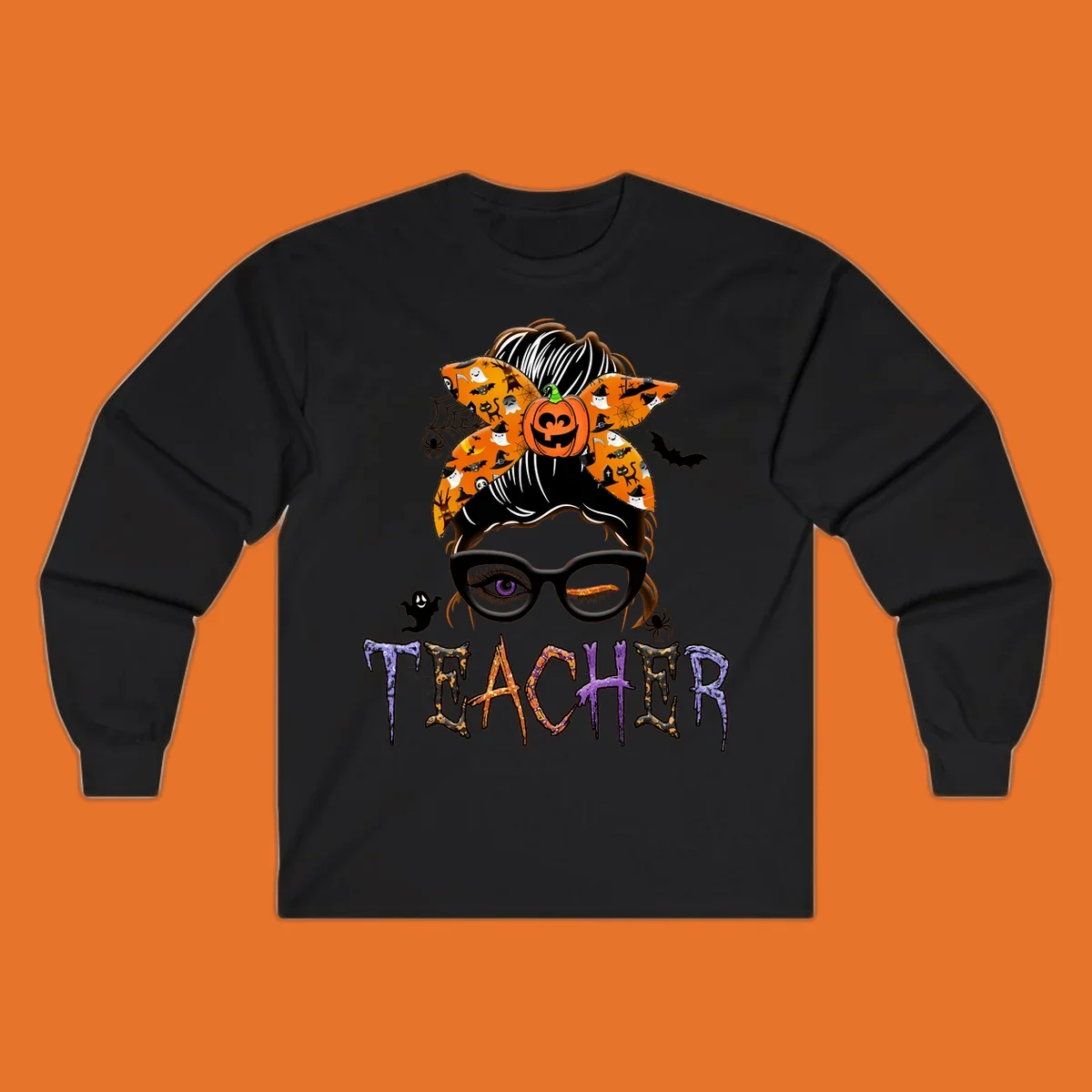 Halloween teacher messy bun with pumpkin spice bandana and glasses, text TEACHER.