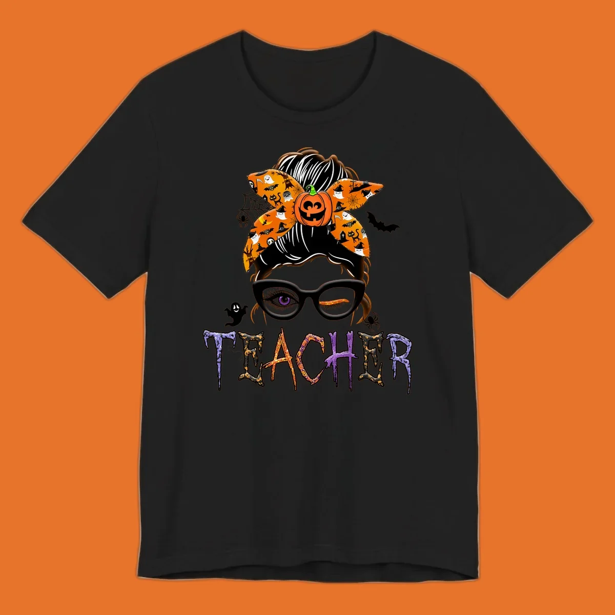 Halloween teacher messy bun with pumpkin spice bandana and glasses, text TEACHER.