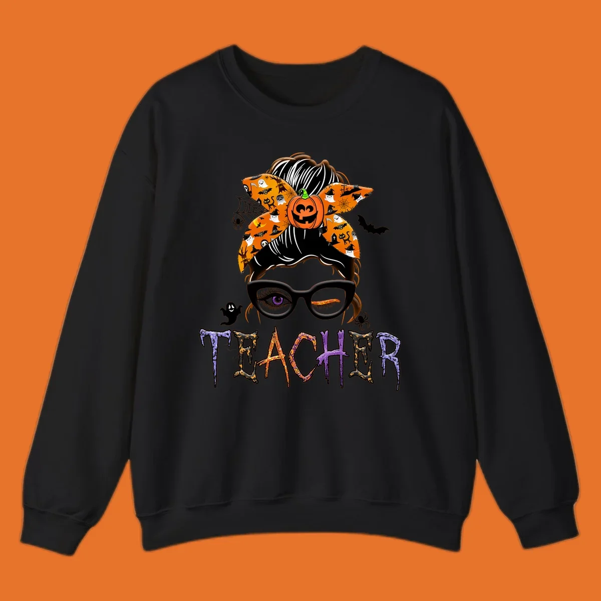 Halloween teacher messy bun with pumpkin spice bandana and glasses, text TEACHER.