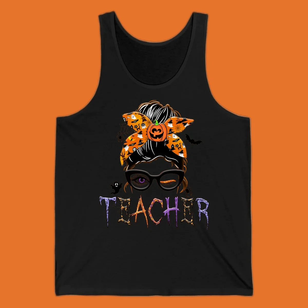 Halloween teacher messy bun with pumpkin spice bandana and glasses, text TEACHER.